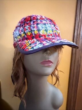 Authentic Gucci Red Multi & Violet Tweed Baseball Cap